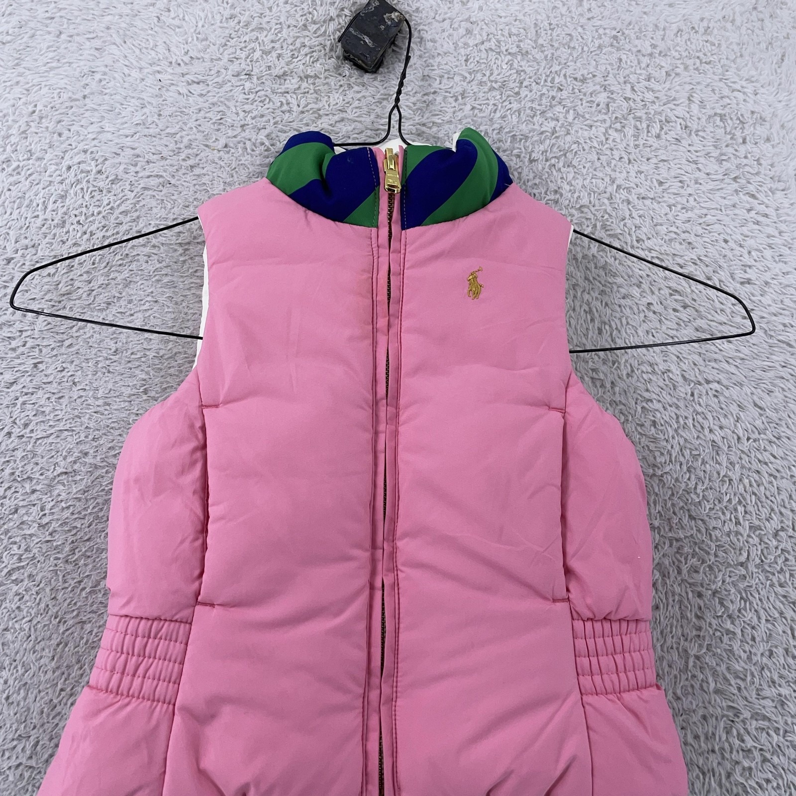 Polo Ralph Lauren Girls 2t Reversible Down Puffer Vest Pink White Quilted Pony